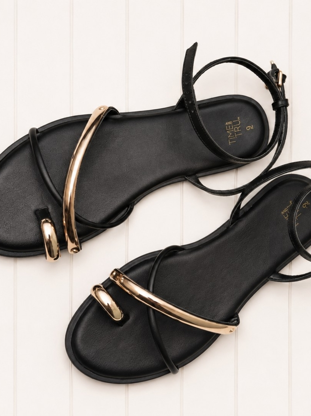Time and Tru Black Sandals with Gold Accents - Women's Strappy Flat Sandals